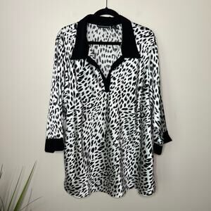 Womens Black & White Animal Print Blouse with Contrast Collar